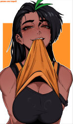 1girl antenna_hair bare_shoulders black_hair black_sports_bra breasts bright_pupils cleavage clothes_lift dark-skinned_female dark_skin fang freckles green_hair half-closed_eyes highres large_breasts lifting_own_clothes long_hair looking_at_viewer mouth_hold multicolored_hair nemona_(pokemon) nintendo orange_eyes paid_reward_available pokemon pokemon_sv seductive_smile smile solo sports_bra stopu strap_slip teeth_hold two-tone_hair upper_body watermark web_address white_pupils