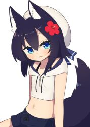 1girl :3 animal_ear_fluff animal_ears bare_arms beret black_hair blue_eyes blue_shorts blush closed_mouth collarbone commentary_request crop_top cropped_hoodie drawstring flower hair_between_eyes hair_flower hair_ornament hat highres hood hood_down hoodie looking_at_viewer midriff navel original red_flower saisoku_no_yukkuri shorts simple_background sitting sleeveless sleeveless_hoodie solo tail white_background white_hat white_hoodie