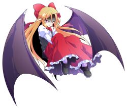 1girl alphes_(style) bat_wings black_shoes black_vest black_wings blonde_hair bow bowtie closed_mouth commentary_request dairi elis_(touhou) facial_mark flower frilled_skirt frills full_body hair_bow hair_flower hair_ornament loafers long_hair long_sleeves looking_at_viewer mark_under_eye open_clothes open_vest pantyhose parody pointy_ears purple_eyes red_bow red_bowtie red_flower red_skirt shaded_face shirt shoes simple_background skirt solo star_(symbol) star_facial_mark style_parody tachi-e touhou touhou_(pc-98) transparent_background very_long_hair vest white_pantyhose white_shirt wings