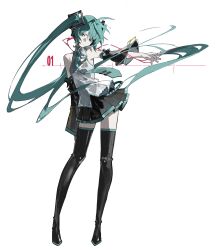 1girl ahoge aqua_eyes aqua_hair aqua_necktie bare_shoulders black_boots black_skirt black_sleeves boots cable cardigan closed_mouth collared_shirt detached_sleeves determined floating_clothes floating_hair full_body hair_between_eyes hair_ornament hair_over_one_eye hatsune_miku headset highres jiu_ye_sang lace lace-trimmed_shirt lace_trim long_hair long_sleeves miniskirt necktie number_tattoo pleated_skirt shirt shoulder_tattoo skirt solo standing tattoo thigh_boots tie_clip twintails very_long_hair vocaloid watermark wavy_hair weibo_watermark white_background white_shirt wide_sleeves
