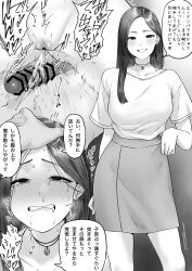1boy 1girl absurdres blush clenched_teeth crying cum earrings greyscale hand_on_another&#039;s_head hetero highres instant_loss jewelry long_hair monochrome multiple_views necklace original penis pussy shirt skirt smile solo speech_bubble stud_earrings tantanmen72 teeth