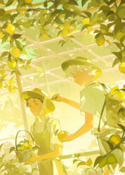 2boys alternate_costume apron basket belt_buckle black_hair blue_eyes blue_sky brown_eyes buckle closed_mouth collared_shirt commentary day deviantart_username english_commentary food from_side fruit gon_freecss green_apron greenhouse grey_pants grin hat high_collar highres holding holding_basket holding_food holding_fruit holding_leaf hunter_x_hunter indoors killua_zoldyck kuwagatata leaf lemon looking_at_another male_focus midriff multiple_boys pants ribbon shirt short_hair short_sleeves sky smile sun_hat tree twitter_username white_hair white_ribbon white_shirt white_sleeves yellow_headwear