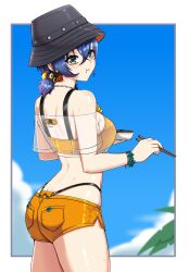 1girl absurdres bare_shoulders belle_(summer_skies)_(zenless_zone_zero) belle_(zenless_zone_zero) bikini black_hat blue_hair blue_sky bowl breasts bucket_hat chopsticks commentary cowboy_shot eating english_commentary green_eyes hat highres holding holding_bowl holding_chopsticks large_breasts lion_space looking_to_the_side off-shoulder_shirt off_shoulder official_alternate_costume orange_bikini orange_shorts outdoors see-through_clothes see-through_shirt shirt short_shorts short_sleeves shorts sky solo swimsuit white_shirt zenless_zone_zero