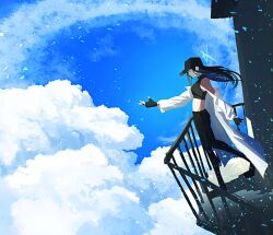 1girl absurdres baseball_cap black_gloves black_hair blue_archive blue_hair blue_halo blue_sky cloud coat coat_partially_removed commentary_request crop_top day fingerless_gloves from_side gloves halo hat highres kani_etizen03 long_hair multicolored_hair outstretched_arm railing saori_(blue_archive) shirt sky sleeveless sleeveless_shirt sleeveless_turtleneck solo turtleneck two-tone_hair white_coat