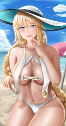 1girl :d alternate_costume beach beach_umbrella bikini blonde_hair blue_eyes blush braid breasts cleavage day fie_nanoo goddess_of_victory:_nikke hat highres large_breasts long_hair looking_at_viewer navel ocean open_mouth rapunzel_(nikke) sand sky smile solo sun_hat swimsuit umbrella very_long_hair white_bikini