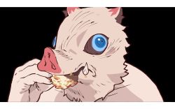 black_background blue_eyes boar_mask eating first_we_feast food hashibira_inosuke holding holding_food kimetsu_no_yaiba letterboxed photo-referenced solo ssambatea tempura tusks wall-eyed