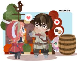 Rule 34 | 01 (zeroichi srl), 1boy, 2girls, atelier (series), atelier lulua, barrel, blue eyes, blush, brown eyes, brown hair, chibi, chibi only, dated, elmerulia frixell, food, hat, heart, long hair, long sleeves, looking at another, multiple girls, no lineart, open mouth, peeking out, rorolina frixell, short hair, smile, spoken heart, spoken object, stalking, sterkenburg cranach, tree