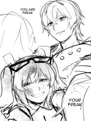 1boy 1girl arm_wrap blonde_hair blush burnice_white couple english_text glasses happy highres holding hug light_blush looking_at_another simple_background sketch smile twintails white_background wise_(zenless_zone_zero) yuushiba zenless_zone_zero