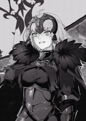 1girl ahoge armor breasts cape chain commentary english_commentary fate/grand_order fate_(series) flag fur_trim grin hair_ornament highres jeanne_d&#039;arc_alter_(avenger)_(fate) jeanne_d&#039;arc_alter_(fate) kmconceptart monochrome signature smile solo standing teeth