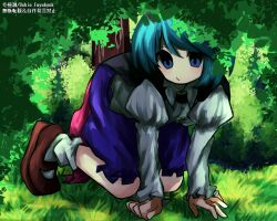 1girl absurdres all_fours black_cape blue_eyes blue_hair blush brown_shoes bush cape closed_mouth commentary full_body grass grey_shirt highres juliet_sleeves long_sleeves looking_at_viewer mary_janes ole_is_kami puffy_sleeves purple_shorts red_cape shirt shoes short_hair shorts solo touhou two-sided_cape two-sided_fabric wriggle_nightbug