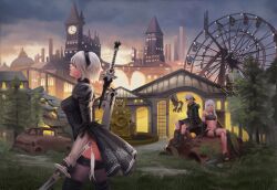 1boy 2b_(nier:automata) 2girls 9s_(nier:automata) a2_(nier:automata) android artoflec black_blindfold black_boots black_dress black_hairband black_jacket black_shorts black_thighhighs blindfold boots breasts city clock clock_tower closed_mouth commentary cowboy_shot dress english_commentary ferris_wheel fountain full_body grass grey_hair hairband holding holding_sword holding_weapon jacket long_hair medium_breasts multiple_girls navel nier:automata nier_(series) non-humanoid_robot open_mouth pod_(nier:automata) robot rust short_hair shorts sitting standing sword thighhighs tower tree weapon