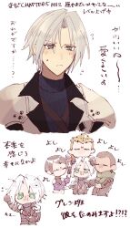 1girl 3boys aged_down armor black_gloves black_hair blonde_hair blue_shirt blush chest_strap chibi closed_eyes cropped_torso final_fantasy final_fantasy_vii final_fantasy_vii_ever_crisis glenn_lodbrok gloves grey_hair halterneck hand_on_another&#039;s_head headpat highres lucia_lin lucia_lin_(marksqueen) matt_winsord multiple_boys nitoya_00630a parted_bangs sephiroth sephiroth_(ever_crisis) shirt short_hair shoulder_armor sweatdrop swept_bangs turtleneck very_short_hair white_background