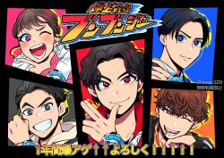 Rule 34 | 1girl, 4boys, akuse jou, bakuage sentai boonboomger, black background, black border, black hair, blue background, blue eyes, boonboom changer, border, brown hair, bureki genba, clenched teeth, close-up, commentary request, copyright name, hando taiya, highres, meita ishiro, mikkii (tales329), multiple boys, one eye closed, orange background, orange eyes, pink background, pink hair, pink sweater, red background, red eyes, shifuto mira, super sentai, sweater, teeth, translation request
