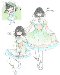 1girl alternate_costume boots breasts brown_hair dress ff14hioo_oo7 final_fantasy final_fantasy_xiv green_dress green_eyes green_hair green_hat hat looking_at_viewer multicolored_hair solo sphene_(ff14) tiara white_boots