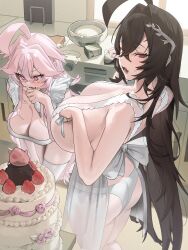 2girls absurdres ahoge apron ass black_hair blush bowl breasts cake crossed_bangs fang food fruit hair_between_eyes hair_branch hair_intakes highres holding huge_breasts indoors kitchen large_breasts long_hair looking_at_viewer mole mole_on_breast multiple_girls open_mouth original pink_eyes pink_hair rame_tree_(heuksaek) red_eyes rima_(0136) rime_tree_(heuksaek) see-through_apron see-through_clothes strawberry sweat thighhighs very_long_hair whipped_cream white_apron white_thighhighs