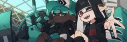 1boy 1girl aqua_eyes aqua_hair aqua_hat artist_name baseball_cap black_hair black_jacket black_shirt black_shrug blunt_bangs closed_mouth commission crab_tank_(splatoon) dark-skinned_male dark_skin earclip fang film_grain grey_shorts hat highres hood hood_down hooded_shrug inkling inkling_boy inkling_girl inkling_player_character jacket long_hair long_sleeves looking_at_viewer nintendo one_eye_closed open_clothes open_jacket open_mouth pointy_ears prat_rat red_eyes red_shirt shirt short_hair shorts shrug_(clothing) smile splatoon_(series) splatoon_3 striped_clothes striped_shirt tentacle_hair two-tone_shirt w watermark watermark_grid white_shirt
