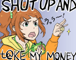 1girl bag bb_(baalbuddy) blush brown_hair coin english_text futurama green_eyes handbag holding_up hood hoodie idolmaster idolmaster_(classic) meme open_mouth parody photoshop_(medium) raglan_sleeves short_hair shut_up_and_take_my_money solo sparkle takatsuki_yayoi twintails