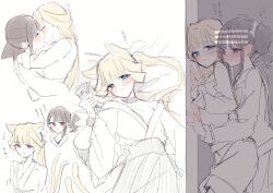 2girls @_@ absurdres animal_ears aura blonde_hair blue_eyes blush brown_hair cat_ears cat_tail closed_eyes closed_mouth commentary_request highres holding holding_money japanese_clothes kiss long_hair miko money multiple_girls multiple_tails nekoyashiki_mayu nekoyashiki_yuki pink_eyes precure rita_(myyk_rrnyam) side_ponytail skirt smile sweat tail translation_request wonderful_precure! yuri