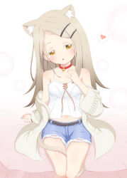 Rule 34 | 1girl, :o, animal collar, animal ear fluff, animal ears, bare shoulders, bell, blonde hair, blue shorts, blush, brown hair, camisole, cat ears, cat girl, cat tail, collar, collarbone, colored eyelashes, commentary request, extra ears, gakuen idolmaster, gradient hair, hair ornament, hairclip, heart, heart in eye, highres, hosizora mikoto, idolmaster, jacket, kemonomimi mode, long hair, looking at viewer, midriff, multicolored hair, navel, neck bell, open clothes, open jacket, open mouth, parted bangs, red collar, shinosawa hiro, shorts, sitting, solo, speech bubble, spoken heart, symbol in eye, tail, two-tone hair, very long hair, white camisole, yellow eyes, yellow jacket