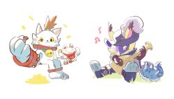 765_nanami absurdres black_boots black_cape black_hat blue_fur body_fur boots cape cat colored_sclera digimon digimon_(creature) guitar hat hat_feather highres holding holding_guitar holding_instrument instrument large_hands maneki-neko manekimon music nyabootmon playing_guitar playing_instrument purple_mask sitting trait_connection wanyamon white_fur yellow_fur yellow_sclera