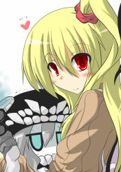 10s 2girls abyssal_ship alternate_costume aqua_eyes blonde_hair crossover fangs flan-maman_(goma) flandre_scarlet goma_(gomasamune) hat heart hug kantai_collection looking_at_viewer looking_back monster_girl multiple_girls aged_up personification red_eyes ribbed_sweater scrunchie side_ponytail smile sweater touhou trembling turnip wings wo-class_aircraft_carrier