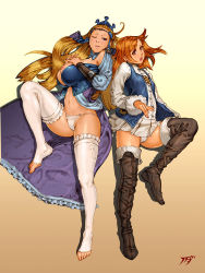 1990s_(style) 2girls blonde_hair blue_eyes boots breasts brown_eyes feet final_fantasy final_fantasy_iii frilled_legwear gradient_background huge_breasts kanda_(ura-kanda) lace lace-trimmed_panties lace_trim large_breasts long_hair looking_at_viewer lying multiple_girls nipple_slip nipples no_bra on_back one_eye_closed open_mouth orange_hair panties refia retro_artstyle sara_altney simple_background skirt small_breasts thigh_boots thighhighs toeless_legwear underwear white_legwear white_panties wink