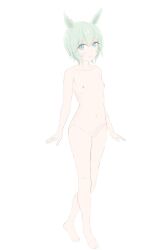 Rule 34 | 1girl, animal ears, ann (ayat1e), blue eyes, blush, breasts, closed mouth, completely nude, full body, green hair, highres, horse ears, horse girl, looking at viewer, navel, nipples, nude, seiun sky (umamusume), short hair, simple background, small breasts, smile, solo, umamusume, walking, white background