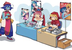 bag banknote bat_wings blue_skin b.b._hood cleavage_cutout clothing_cutout colored_skin demon_girl head_wings highres holding holding_money hsien-ko lilith_(darkstalkers) mei-ling_(darkstalkers) manga_(object) money morrigan_aensland nose_bubble oushiza_towel short_hair sleeping sleeping_upright translation_request v darkstalkers wings