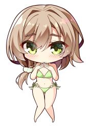 1girl bare_arms bare_legs bikini blush brown_hair cameltoe chibi closed_mouth collarbone commentary_request eyes_visible_through_hair full_body green_bikini green_eyes hair_between_eyes hair_intakes halterneck hands_up highres long_hair looking_at_viewer low_side_ponytail mikuni_sairi navel o-ring o-ring_bikini o-ring_bottom o-ring_top own_hands_together raised_eyebrows sanpaku second-party_source sesen2000 shy side-tie_bikini_bottom solo standing steepled_fingers swimsuit tenshi_souzou_re-boot! thick_eyebrows thigh_gap thighs wavy_mouth