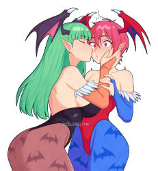 2girls :o animal_print bat_print bent_over black_leotard blue_pantyhose blue_sleeves blunt_bangs blush brown_pantyhose celebelian closed_eyes commentary cowboy_shot darkstalkers demon_girl demon_wings detached_sleeves double-parted_bangs english_commentary frilled_sleeves frills green_hair head_wings kiss kissing_cheek leotard light_blush lilith_(darkstalkers) long_hair morrigan_aensland multiple_girls pantyhose parted_lips pink_eyes pink_hair pointy_ears purple_wings red_leotard red_sleeves red_wings short_hair strapless strapless_leotard surprise_kiss surprised teeth twitter_username watermark wings yuri
