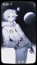 1boy aotsuki_eito black_gloves blood blood_on_clothes blood_on_face blue_eyes chinese_commentary closed_mouth commentary_request cowboy_shot drawstring glasses gloves grey_hair hand_in_pocket highres hood hood_down hooded_jacket jacket looking_at_viewer male_focus messy_hair nature-n pants planet pocket recording round_eyewear short_hair smile solo space the_hundred_line_-last_defense_academy- timestamp variant_set white_jacket white_pants zipper