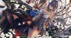 2girls absurdres arm_support artist_name bare_shoulders black_hair black_pantyhose black_skirt blue_hair breasts character_request cleavage detached_collar detached_sleeves dress dutch_angle flower hairband halo highres kuro_games kuroroui large_breasts lucia:_plume_(pgr) lucia_(pgr) lying miniskirt multicolored_hair multiple_girls navel on_side orange_eyes pantyhose pleated_skirt punishing:_gray_raven red_eyes school_uniform short_dress skirt stomach strapless strapless_dress streaked_hair wide_sleeves wuthering_waves