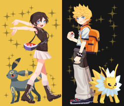 1boy 1girl backpack bag black_background black_boots black_hair black_shirt blonde_hair blue_eyes boots breasts checkered_wristband closed_mouth full_body gen_1_pokemon gen_2_pokemon hair_between_eyes highres holding holding_poke_ball jolteon kingdom_hearts kingdom_hearts_358/2_days looking_at_viewer nintendo open_mouth orange_bag outstretched_arms pleated_skirt poke_ball pokemon pokemon_(creature) roxas shirt short_hair short_sleeves shoulder_bag skirt small_breasts smile sparkle standing umbreon white_skirt wristband xion_(kingdom_hearts) yellow_background yomyompi
