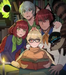 2boys 2girls alice_thymefield animal_ears black_hat blonde_hair book braid candle closed_mouth commentary cosplay daphne_blake daphne_blake_(cosplay) dog_boy dog_ears dress english_commentary ethereal_(zenless_zone_zero) fred_jones fred_jones_(cosplay) glasses green_scarf green_shirt grey_hair hat heterochromia highres holding holding_book indoors jourd4n kamanosuke_(zenless_zone_zero) komano_manato looking_at_viewer multicolored_hair multiple_boys multiple_girls neckerchief open_book open_mouth orange_neckerchief orange_sweater purple_dress purple_sweater raccoon raccoon_tail red_hair scar scar_across_eye scar_on_face scarf scooby-doo scooby-doo_(character) shaggy_rogers shaggy_rogers_(cosplay) shirt surprised sweater tail twin_braids ukinami_yuzuha velma_dinkley velma_dinkley_(cosplay) white_shirt wide-eyed wise_(zenless_zone_zero) zenless_zone_zero