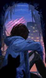 1girl aircctzillie black_pants blue_archive brown_hair cat cityscape from_side halo highres jacket long_hair looking_up misaki_(blue_archive) pants pink_halo sitting solo torn_clothes torn_pants white_jacket