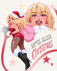 Rule 34 | 1girl, artist name, black boots, blonde hair, blue eyes, boots, brown pantyhose, english text, hat, high heel boots, high heels, highres, leotard, long hair, looking at viewer, luztapiaart, multiple views, open mouth, pantyhose, real life, red hat, red leotard, sabrina carpenter, santa hat, see-through pantyhose, sequins, star (symbol), teeth, upper teeth only, watermark