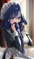 1girl apron black_dress blue_eyes blue_hair blurry blurry_background blush braid breasts commentary_request covering_own_mouth dress empire_waist frilled_apron frilled_hat frills hair_between_eyes hair_intakes hair_over_shoulder hat highres holding holding_own_hair hololive hololive_english indoors juliet_sleeves kito_koruta large_breasts long_hair long_sleeves low_twin_braids maid maid_apron mob_cap official_alternate_costume official_alternate_hairstyle ouro_kronii ouro_kronii_(maid) pocket_watch puffy_sleeves puritan_collar solo twin_braids victorian_maid virtual_youtuber watch white_apron white_hat