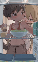 2boys absurdres animal_ears black_hair blonde_hair blush brown_eyes dog_boy dog_ears dog_tail fang floppy_ears food grey_eyes grey_shorts hand_under_clothes highres kodomo_doushi male_focus milk_carton multiple_boys navel omurice_(roza4957) open_mouth original paid_reward_available pudding red_tank_top refrigerator shirt short_hair shorts shota t-shirt tail tan tank_top tanline white_shirt yaoi
