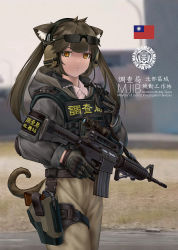 1girl animal_ears assault_rifle brown_eyes brown_pants bulletproof_vest chestnut_mouth chinese_commentary chinese_text commentary_request cowboy_shot eyewear_on_head fang_zhenjun grey_hair grey_jacket gun handgun holster holstered hood hooded_jacket jacket long_hair looking_at_viewer military original pants parted_lips pistol republic_of_china_flag rifle scope shirt slit_pupils solo standing sunglasses tactical_clothes taiwan thigh_holster translation_request twintails weapon weapon_request white_shirt