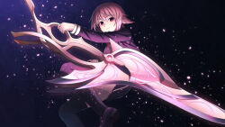 Rule 34 | 1girl, black shoes, black thighhighs, black vest, bow, chaos;child, chest bow, d-sword, dress, dress vest, hair between eyes, hekiho academy school uniform, holding, holding sword, holding weapon, huge weapon, jacket, light particles, loafers, long sleeves, looking at viewer, miniskirt, onoe serika, pink eyes, pink hair, red bow, school uniform, shoes, short hair, sidelocks, skirt, smile, solo, sword, taba neruko, thighhighs, thighs, underbutt, vest, weapon