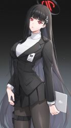 1girl absurdres black_hair blue_archive hair_ornament halo highres holster hyosi jacket leggings long_hair red_eyes rio_(blue_archive) simple_background skirt sweater thigh_holster very_long_hair