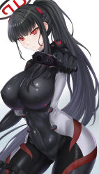 1girl absurdres black_hair blue_archive bodysuit breasts covered_erect_nipples gun halo handgun headpiece highres holding holding_gun holding_weapon large_breasts latex latex_bodysuit long_hair ponytail red_eyes ringed_eyes rio_(blue_archive) rio_(bodysuit)_(blue_archive) simple_background skin_tight solo weapon white_background zatma0041