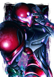 1girl absurdres arm_cannon armor assault_visor dutch_angle helmet highres juu_zoo metroid metroid_prime_4:_beyond neon_lights neon_trim nintendo pink_visor power_armor power_suit samus_aran shoulder_pads solo weapon