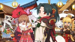 2boys 2girls :3 alternate_color alternate_costume belt black_pants blonde_hair blue_eyes blue_sky bowl braid braided_ponytail breasts brown_hair brown_sash cat cat_boy chinese_knot chinese_zodiac chopsticks clear_sky cleavage closed_mouth coat copyright_notice cowboy_shot dress elemental_master_(ragnarok_online) food fur_coat furry furry_male green_coat green_eyes highres holding holding_bowl holding_chopsticks index_finger_raised japanese_clothes jumping katana kimono lantern logo long_hair long_sleeves looking_at_viewer looking_to_the_side medium_breasts mochi multiple_boys multiple_girls nyar_(ragnarok_online) obi official_art official_wallpaper open_mouth outdoors pants paper_lantern purple_belt ragnarok_online red_dress red_eyes roasted_sweet_potato rope sarah_irene sash serpens_(ragnarok_online) shinkiro_(ragnarok_online) short_hair shrine sky smile snake spirit_handler_(ragnarok_online) steamed_bun sweet_potato sword tan tassel weapon white_cat white_hair white_kimono wide_sleeves year_of_the_snake yuichirou zouni_soup