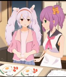 2girls azur_lane blush cherry_tomato chopsticks collarbone dot_nose dress food highres holding holding_chopsticks indoors javelin_(azur_lane) kitchen laffey_(azur_lane) long_hair looking_at_viewer multiple_girls open_mouth plate purple_hair rice sesame_seeds standing sunny_side_up_egg tomato white_dress