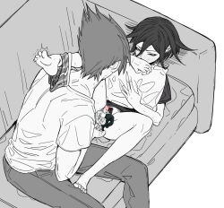 Rule 34 | 2boys, anal fingering, blush, censored, character censor, couch, danganronpa (series), danganronpa v3: killing harmony, fingering, greyscale, hair between eyes, highres, hugging object, lying, male focus, medium hair, miri (bossu osu), momota kaito, monochrome, multiple boys, novelty censor, oma kokichi, on back, pants, pillow, pillow hug, shirt, short sleeves, sitting, sweat, underwear around one leg, yaoi