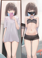 1girl absurdres aqua_nails architecture black_eyes black_hair black_mask black_shorts black_sports_bra black_surgical_mask blue_hair blunt_bangs blush breasts camera cellphone cellphone_photo cleavage clothes_lift colored_inner_hair commentary_request covering_own_mouth embarrassed hand_up highres holding holding_phone indoors lifting_own_clothes looking_at_viewer looking_to_the_side mask midriff mouth_mask multicolored_hair navel okishiro_momoka_(shin_no_tenpii) original oversized_clothes oversized_shirt phone selfie shin_no_tenpii shirt shirt_lift short_hair short_sleeves shorts small_breasts smartphone sports_bra standing stomach stuffed_animal stuffed_shrimp stuffed_toy stuffed_whale surgical_mask taking_picture thighs white_shirt