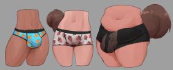 3futa 3others abigail_(peculiart) absurdres acorn acorn_print boxer_briefs bulge covered_testicles erection erection_under_clothes fluffy futanari grey_background herm_(lore) highres male_underwear midriff multiple_futa multiple_others navel peculiart penis print_underwear roxy_(peculiart) simple_background squirrel_tail stacy_(peculiart) tail tan testicles thick_thighs thighs underwear