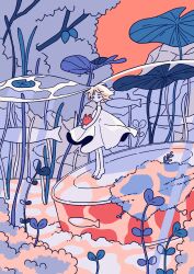 1girl abstract absurdres barefoot blonde_hair bush closed_mouth commentary_request dot_nose dress expressionless fish floating_clothes floating_hair flying_fish forest highres looking_at_viewer looking_to_the_side mitsuki_sanagi moss nature orange_sky original outdoors oversized_plant pastel_colors plant short_hair simple_fish sky sleeveless sleeveless_dress standing turning_head white_dress wide_shot