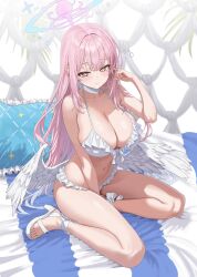 1girl absurdres angel_wings between_legs bikini blue_archive blush breasts choker cleavage closed_mouth collarbone commentary feathered_wings frilled_bikini frilled_bikini_top frills halo hand_between_legs hidis0086 highres large_breasts long_hair looking_at_viewer low_wings mika_(blue_archive) mika_(swimsuit)_(blue_archive) multicolored_halo navel official_alternate_costume pillow pink_hair pink_halo sandals sitting solo stomach swimsuit thighs toes white_bikini white_choker white_wings wings yellow_eyes yokozuwari